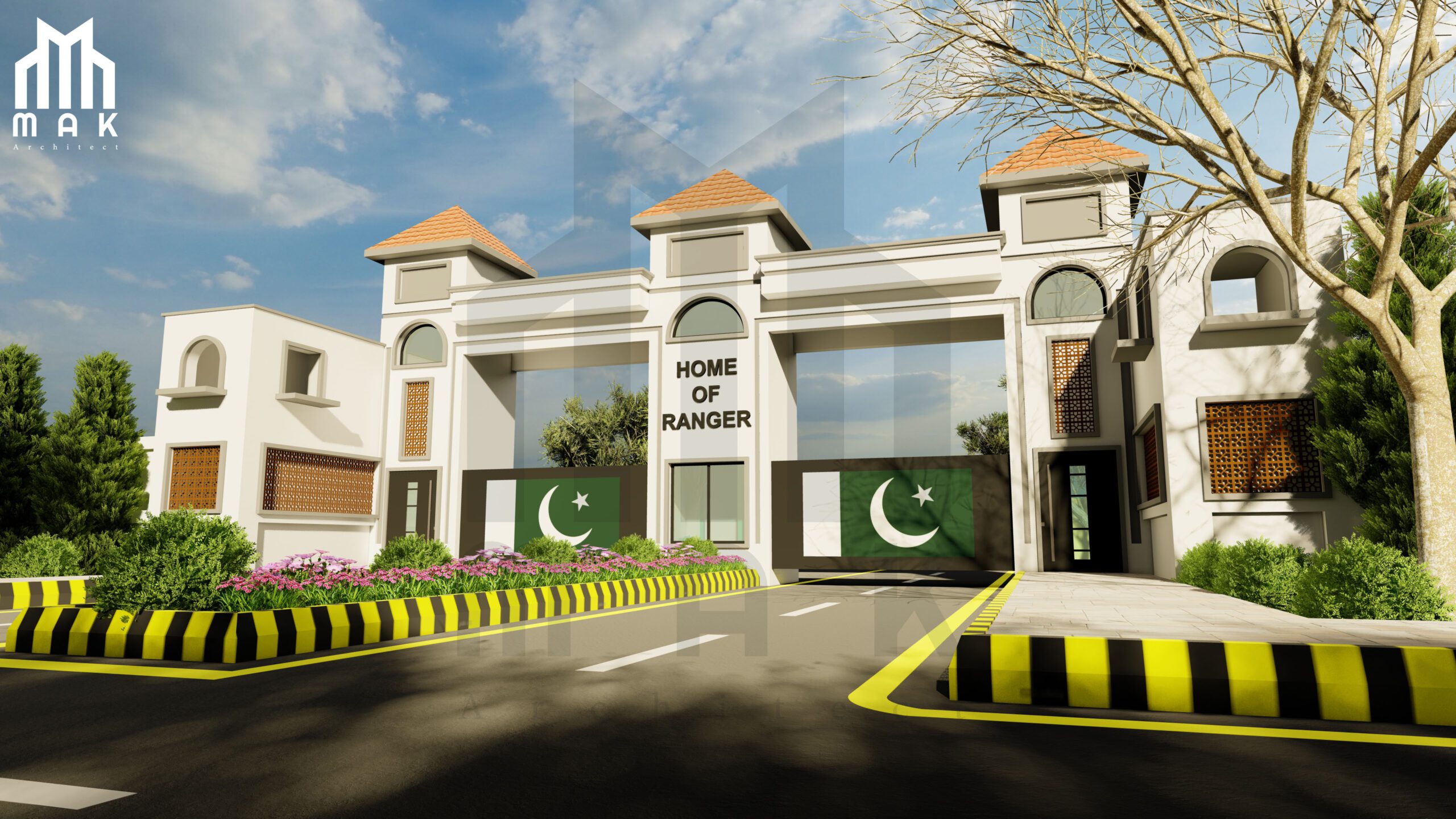 The entrance gate design is divided into two main sections, the main gate and the secondary gate. The main gate has two giant steel pillars, with a height of twenty feet, holding the insignia of Pakistan Rangers. 