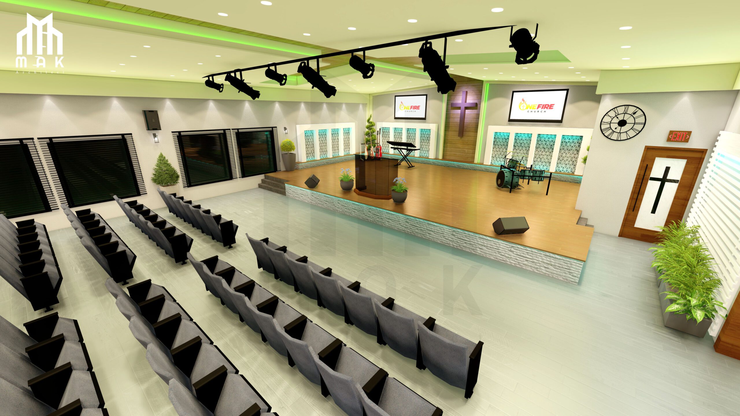 The furniture used in the interior is simple and elegant with comfortable seating arrangements. The chairs are cushioned with dark brown leather to create a warm and comfortable environment. They are all arranged in an organized fashion, offering ample space for the congregation.