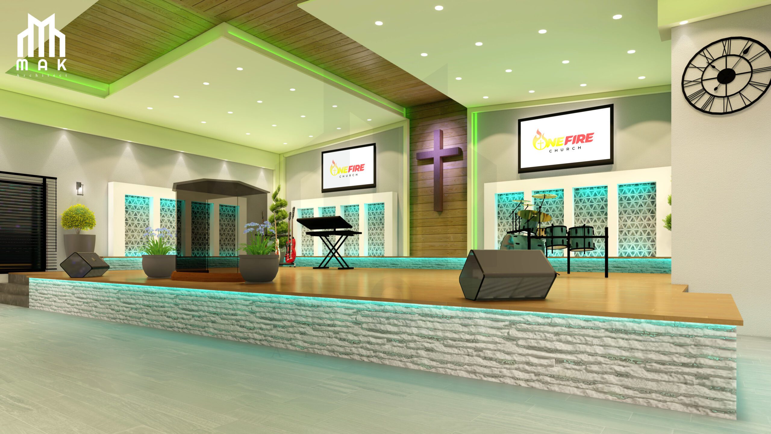 CHURCH DESIGN The interior of the church is flooded with natural light, and the walls are painted in a neutral cream shade to create a soft and soothing environment. The ceiling features a traditional cross design, with modern lighting that enhances the overall ambiance of the hall. In addition, the architects have introduced a magnificent stained glass artwork that attracts the attention of worshipers and adds color to the space.